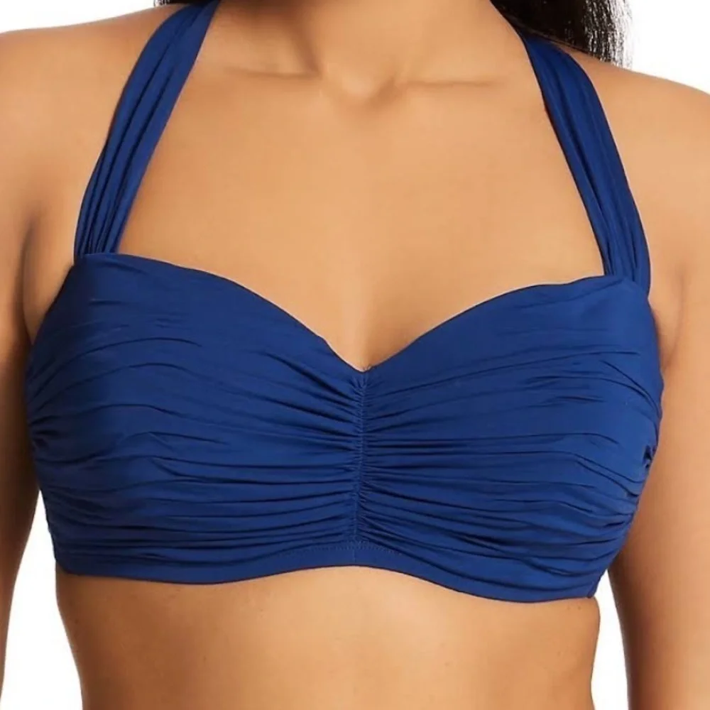 NWT Bleu Rod Beattie Shirred Adjustable Halter Bikini Top In Navy Blue